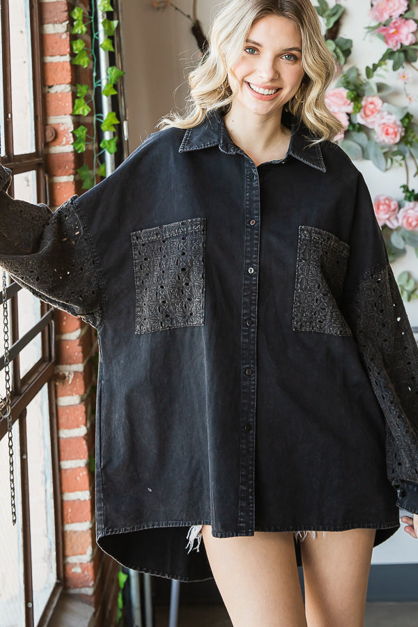 MINERAL WASHED EYELET CONTRAST BUTTON DOWN SHIRT