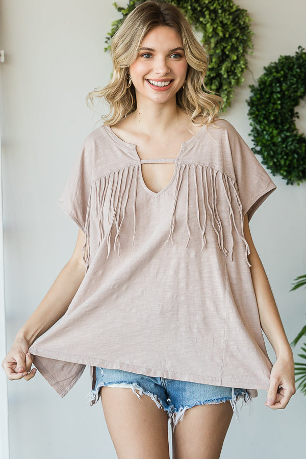 WASHED KEYHOLE NECK FRINGE DETAIL SHORT SLEEVE TOP