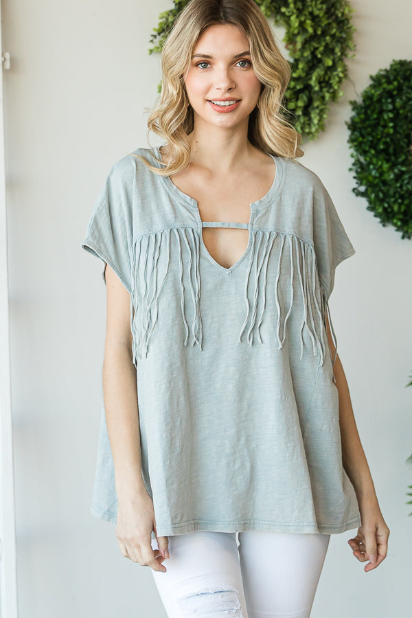 WASHED KEYHOLE NECK FRINGE DETAIL SHORT SLEEVE TOP