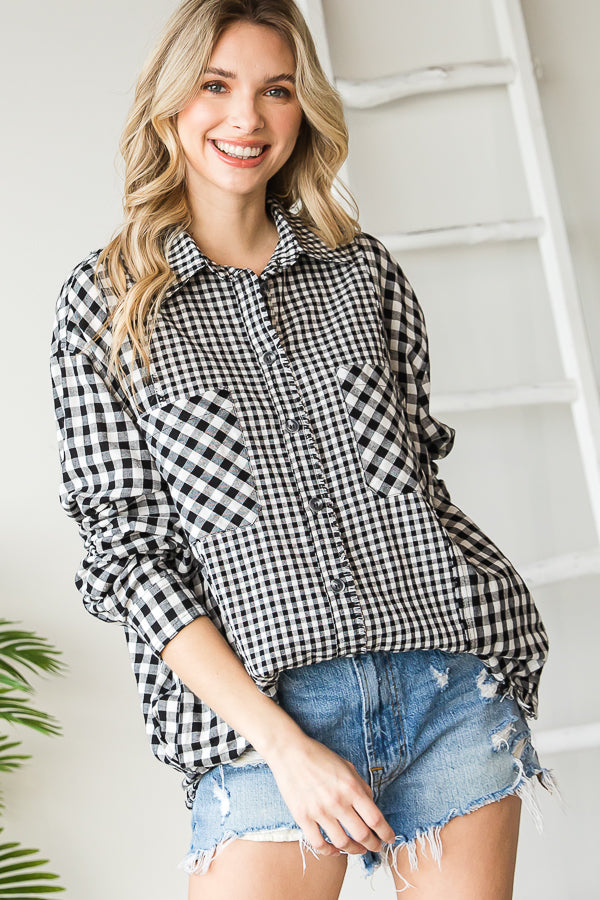 CHECK MIXED BUTTON FRONT SHIRT