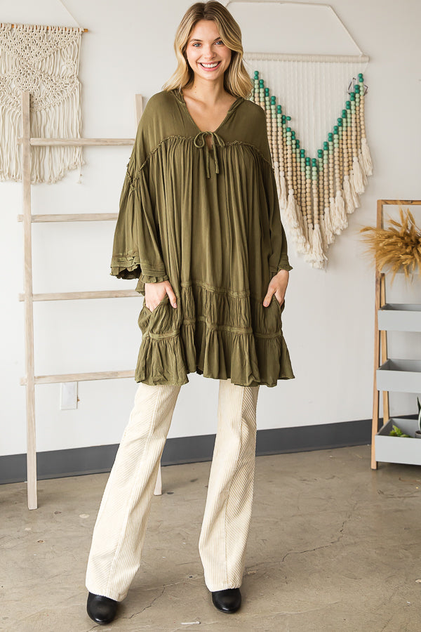 WASHED BELL SLEEVE RUFFLE HEM HOODED TUNIC TOP