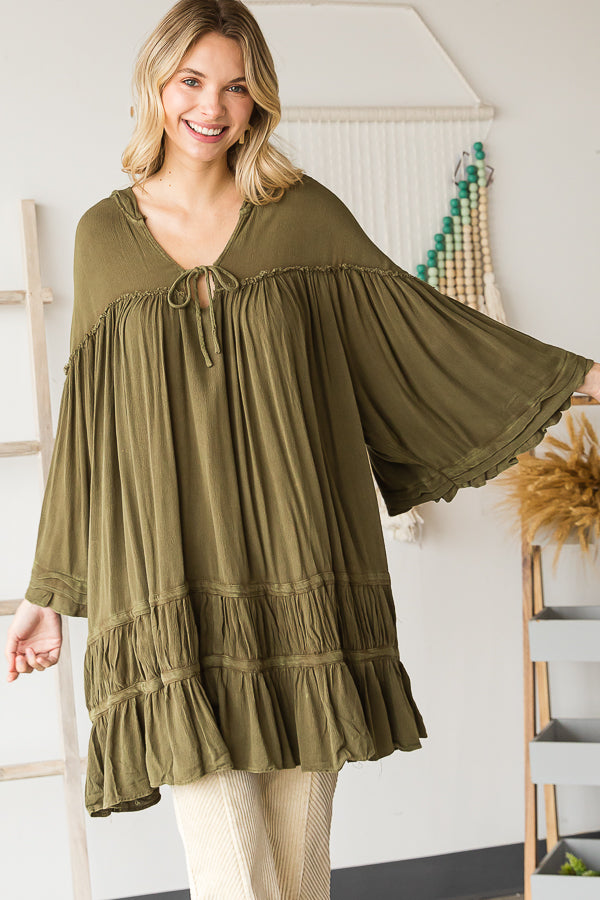 WASHED BELL SLEEVE RUFFLE HEM HOODED TUNIC TOP