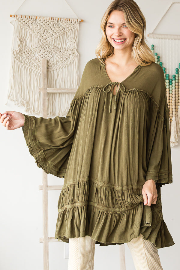 WASHED BELL SLEEVE RUFFLE HEM HOODED TUNIC TOP