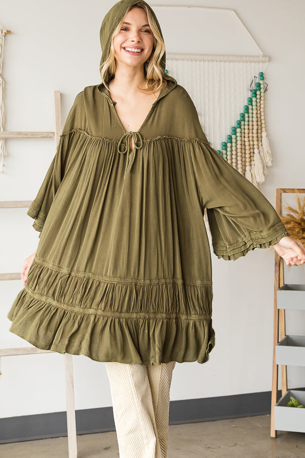 WASHED BELL SLEEVE RUFFLE HEM HOODED TUNIC TOP