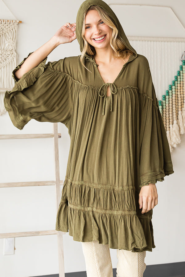 WASHED BELL SLEEVE RUFFLE HEM HOODED TUNIC TOP