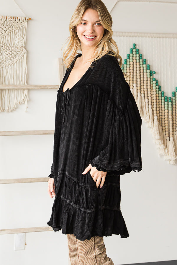 WASHED BELL SLEEVE RUFFLE HEM HOODED TUNIC TOP