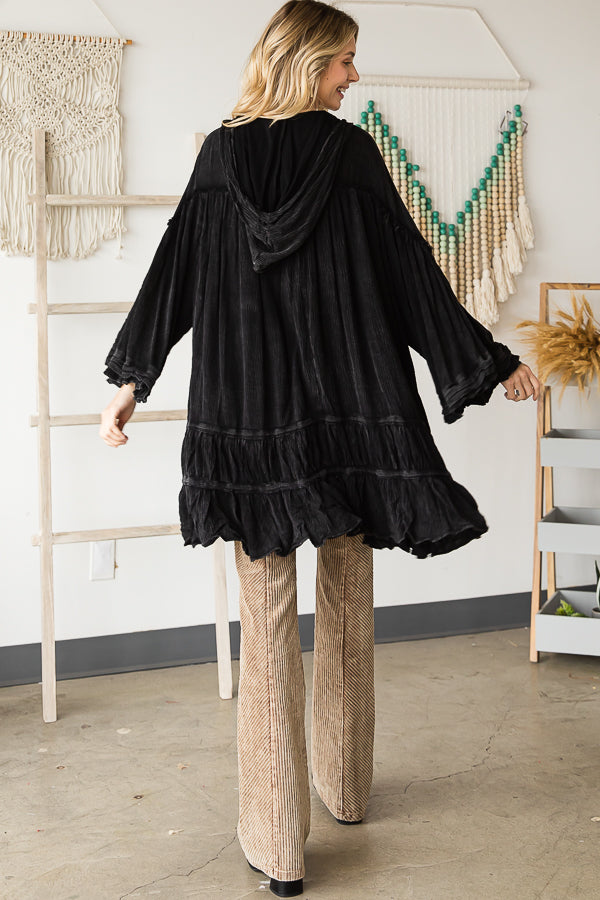 WASHED BELL SLEEVE RUFFLE HEM HOODED TUNIC TOP