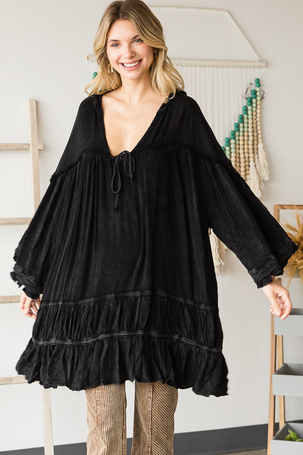 WASHED BELL SLEEVE RUFFLE HEM HOODED TUNIC TOP