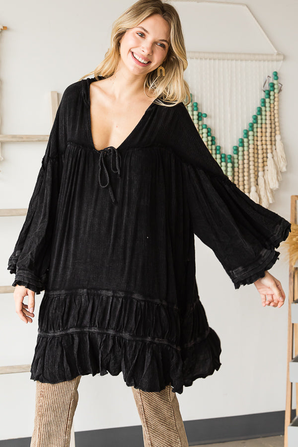 WASHED BELL SLEEVE RUFFLE HEM HOODED TUNIC TOP