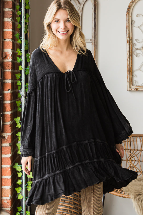 WASHED BELL SLEEVE RUFFLE HEM HOODED TUNIC TOP