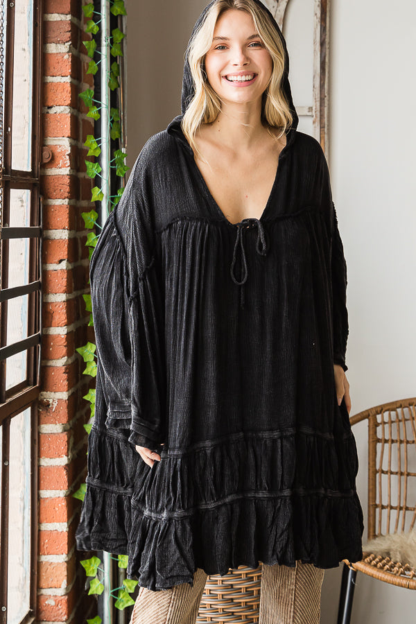 WASHED BELL SLEEVE RUFFLE HEM HOODED TUNIC TOP