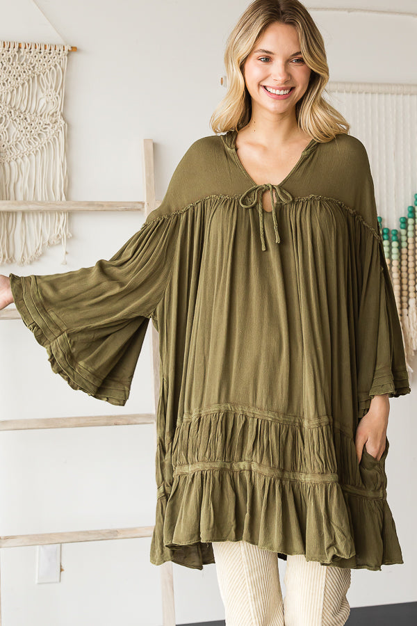 WASHED BELL SLEEVE RUFFLE HEM HOODED TUNIC TOP