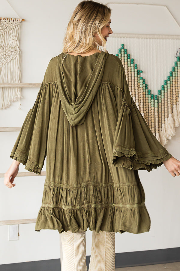 WASHED BELL SLEEVE RUFFLE HEM HOODED TUNIC TOP