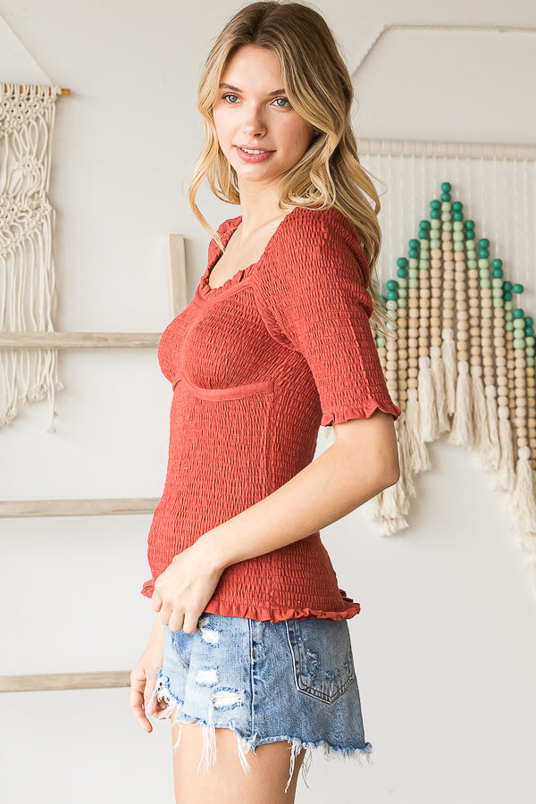 SMOCKED RUFFLE SCOOP NECK SHORT SLEEVE TOP