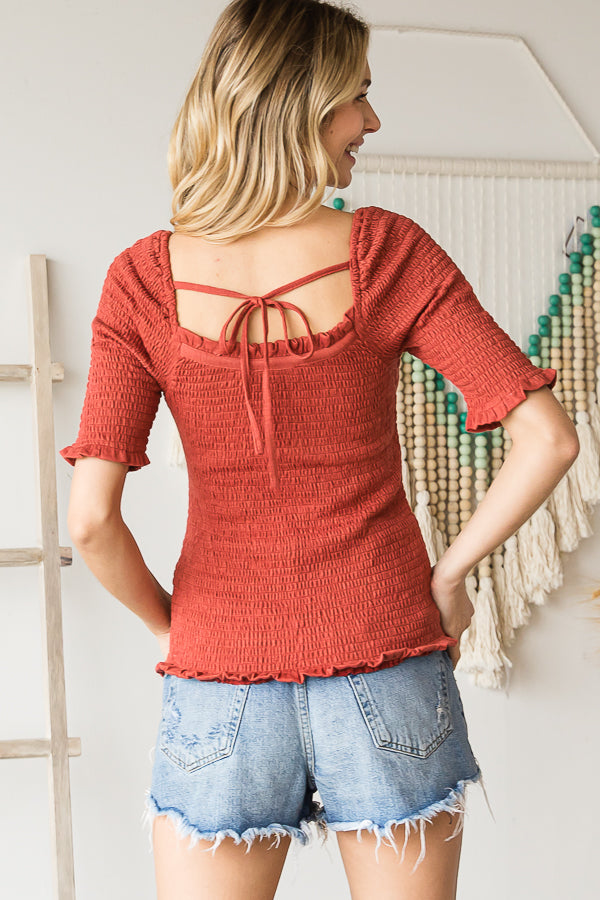 SMOCKED RUFFLE SCOOP NECK SHORT SLEEVE TOP