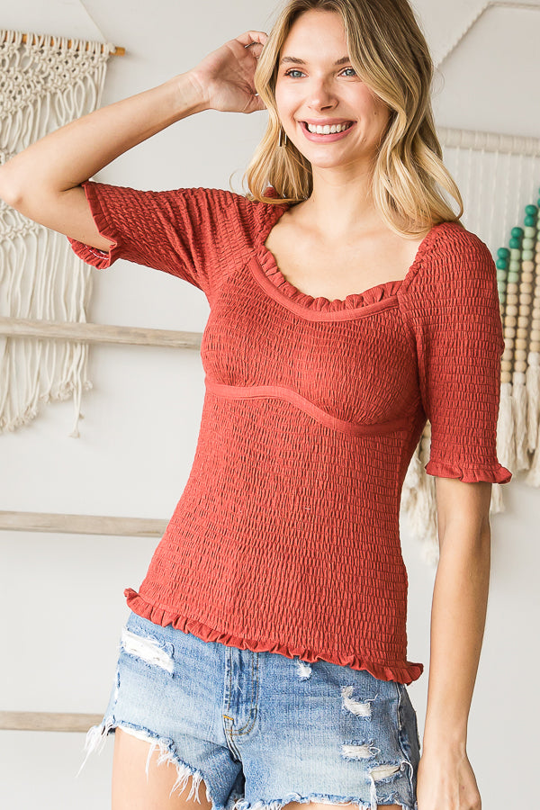 SMOCKED RUFFLE SCOOP NECK SHORT SLEEVE TOP