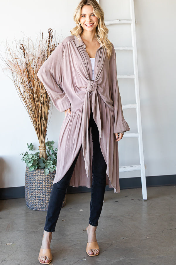 WASHED TIE FRONT OVERSIZED LONG SLEEVE TOP