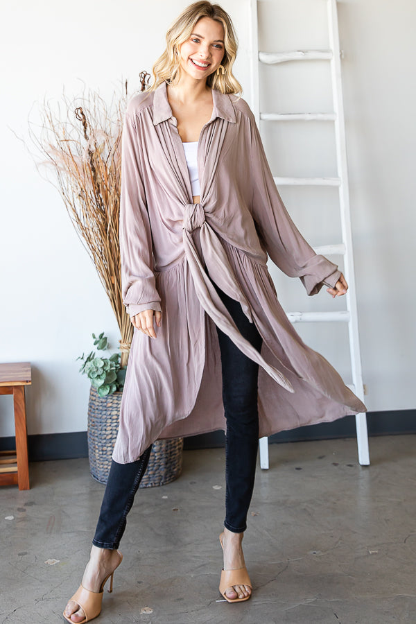 WASHED TIE FRONT OVERSIZED LONG SLEEVE TOP