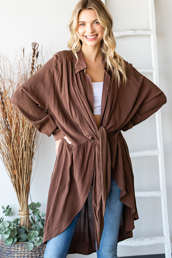 WASHED TIE FRONT OVERSIZED LONG SLEEVE TOP