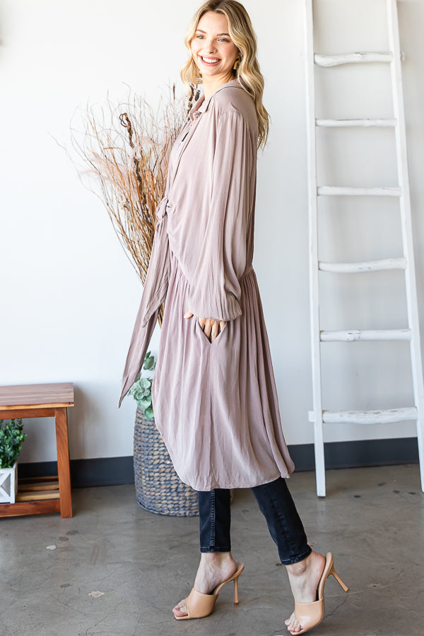 WASHED TIE FRONT OVERSIZED LONG SLEEVE TOP