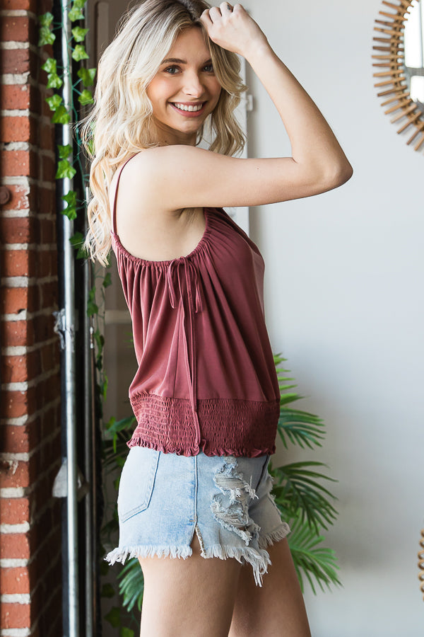 ONE SHOULDER CINCHED SIDE SMOCK HEM TANK TOP