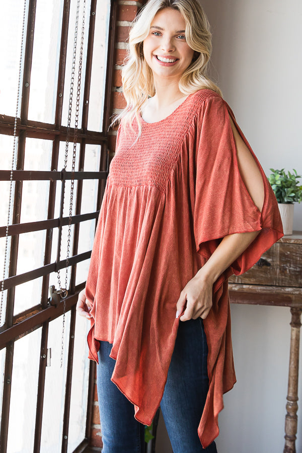 WASHED COLD SHOULDER SMOCK DETAIL FLARE BLOUSE