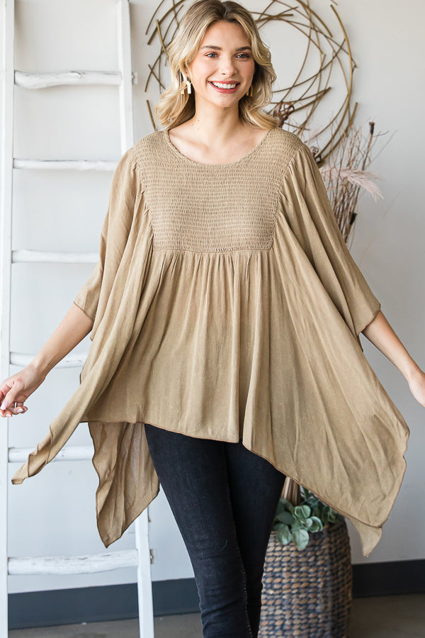 WASHED COLD SHOULDER SMOCK DETAIL FLARE BLOUSE