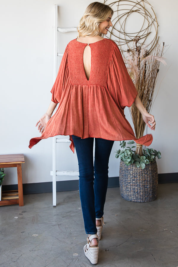 WASHED COLD SHOULDER SMOCK DETAIL FLARE BLOUSE