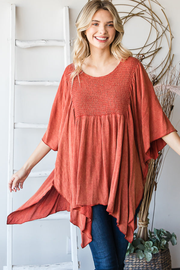 WASHED COLD SHOULDER SMOCK DETAIL FLARE BLOUSE
