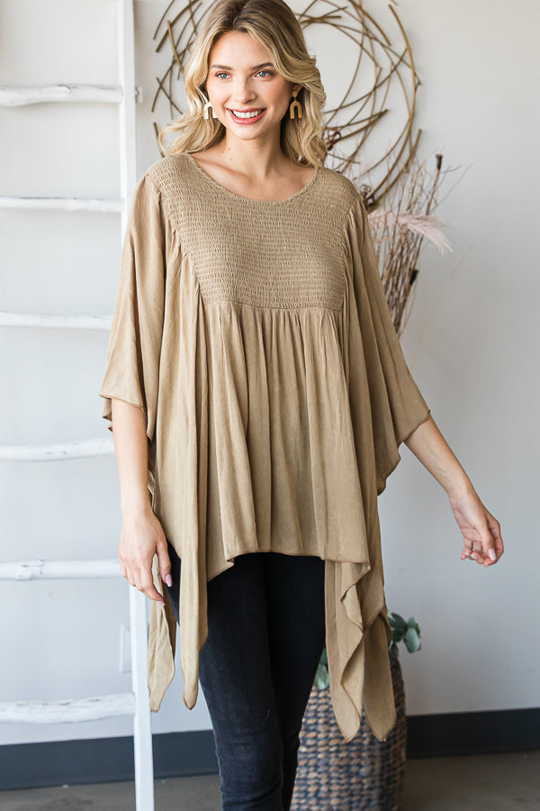 WASHED COLD SHOULDER SMOCK DETAIL FLARE BLOUSE