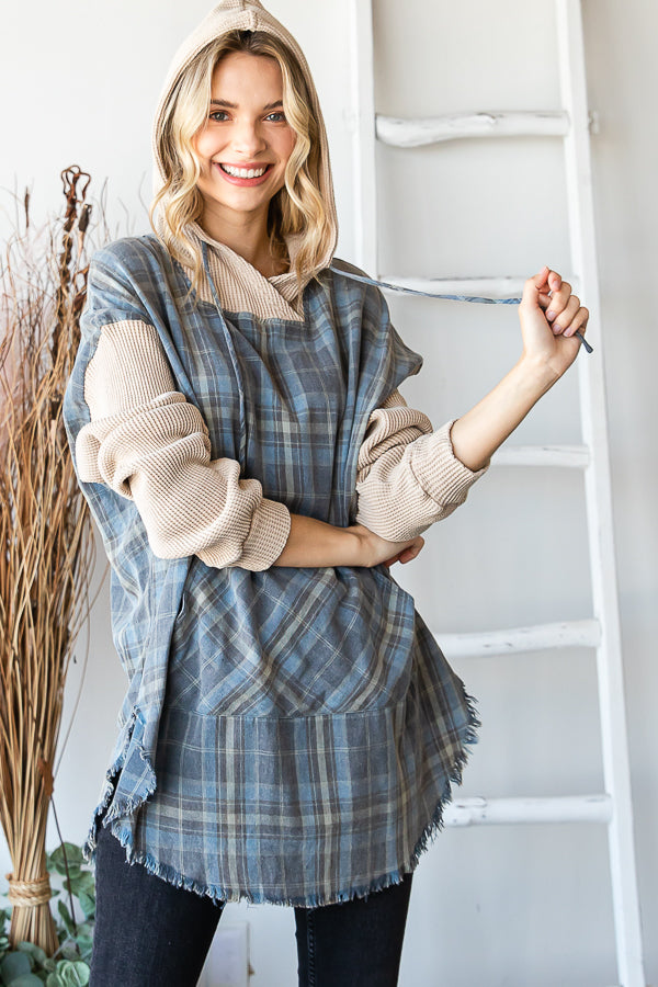 WASHED PLAID HOODED RAW HEM LONG SLEEVE PULLOVER
