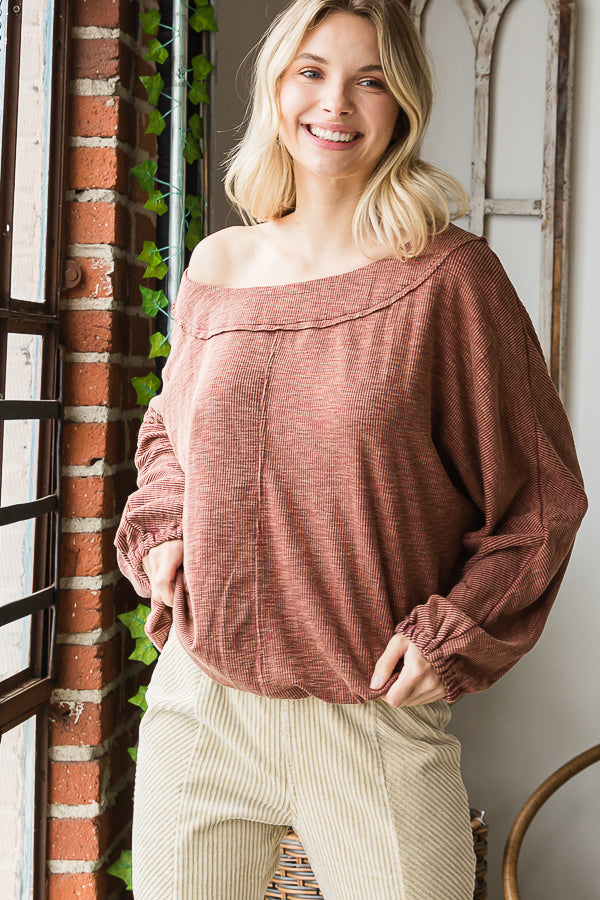 WASHED ROUND NECK DOLMAN SLEEVE RIB KNIT TOP