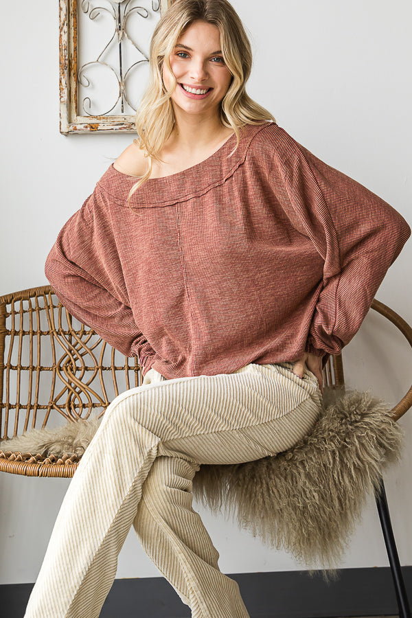 WASHED ROUND NECK DOLMAN SLEEVE RIB KNIT TOP