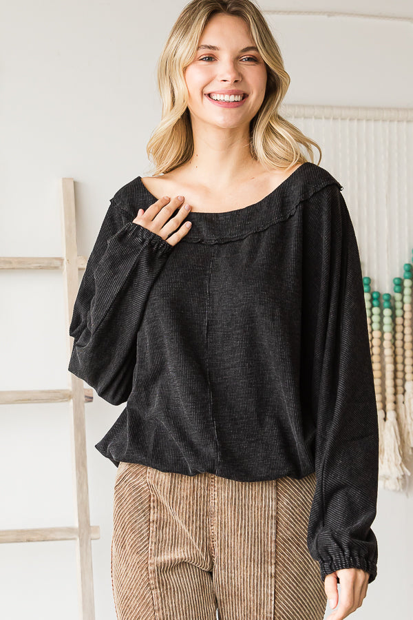 WASHED ROUND NECK DOLMAN SLEEVE RIB KNIT TOP