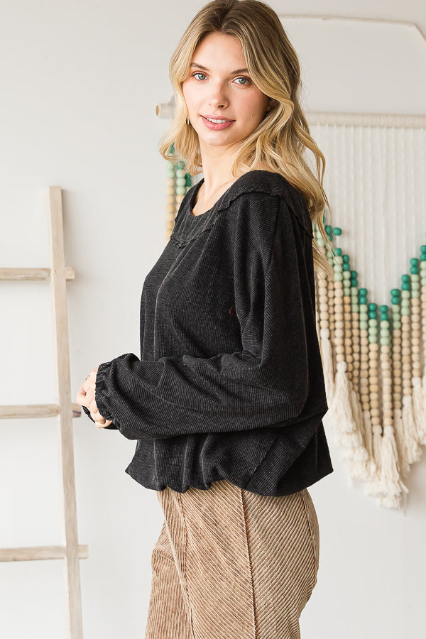 WASHED ROUND NECK DOLMAN SLEEVE RIB KNIT TOP