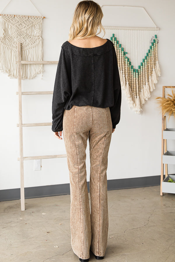 WASHED ROUND NECK DOLMAN SLEEVE RIB KNIT TOP