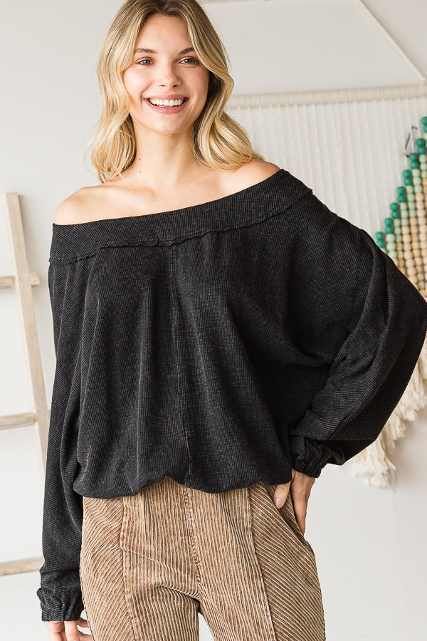 WASHED ROUND NECK DOLMAN SLEEVE RIB KNIT TOP