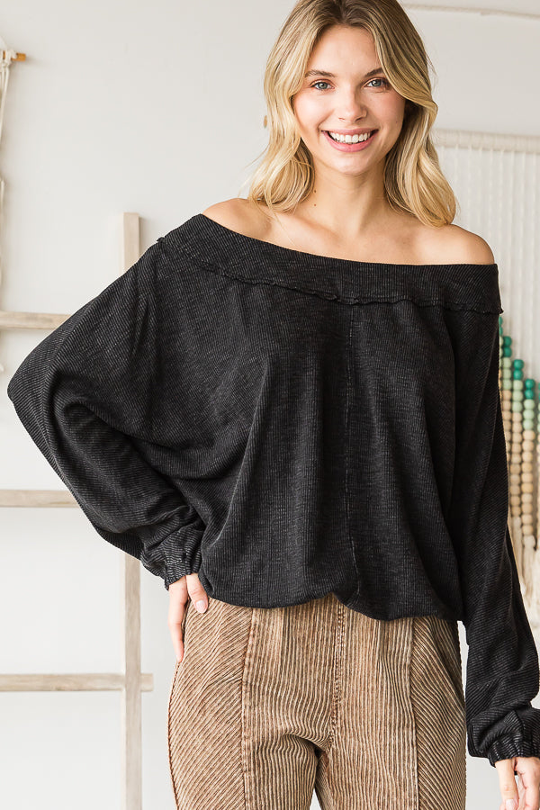 WASHED ROUND NECK DOLMAN SLEEVE RIB KNIT TOP