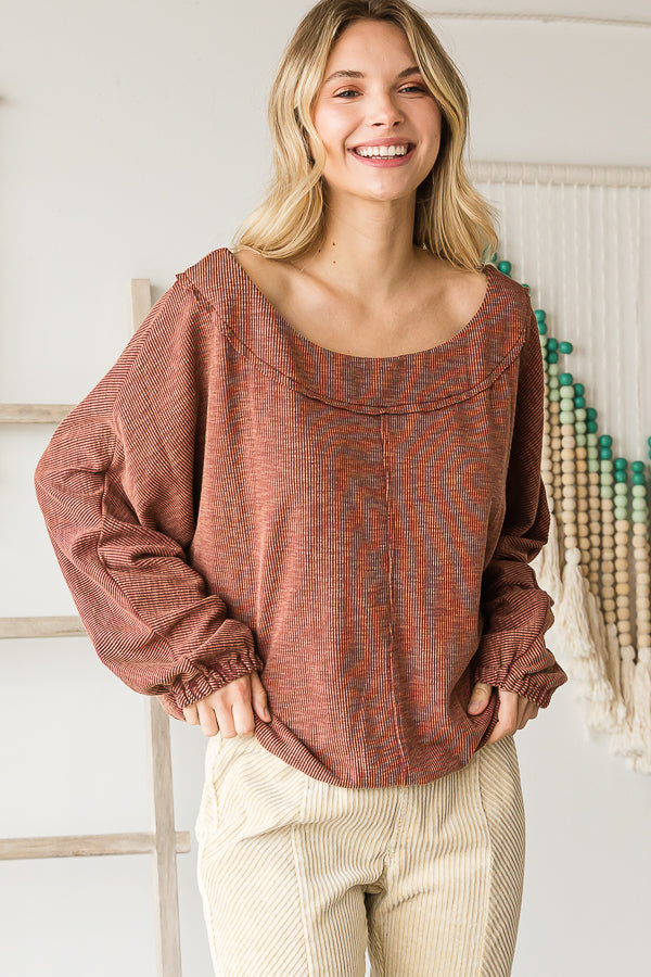 WASHED ROUND NECK DOLMAN SLEEVE RIB KNIT TOP
