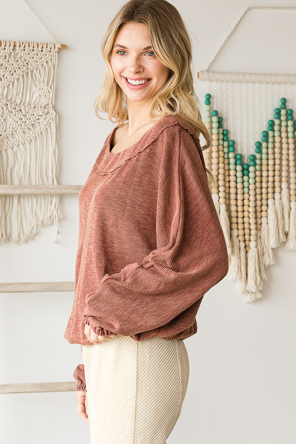 WASHED ROUND NECK DOLMAN SLEEVE RIB KNIT TOP