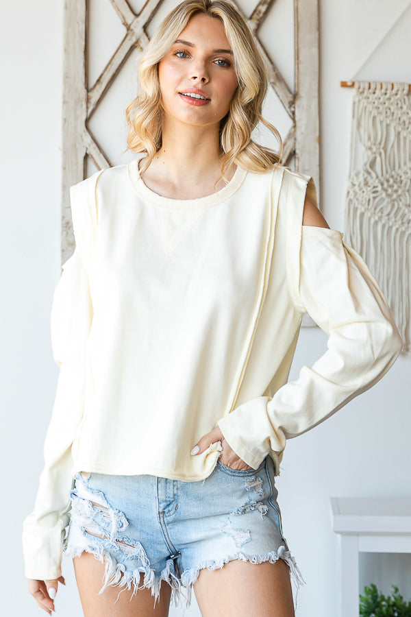 WASHED ROUND NECK COLD SHOULDER CROPPED TEE