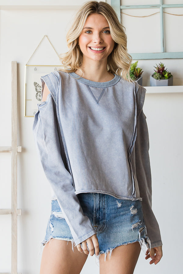 WASHED ROUND NECK COLD SHOULDER CROPPED TEE