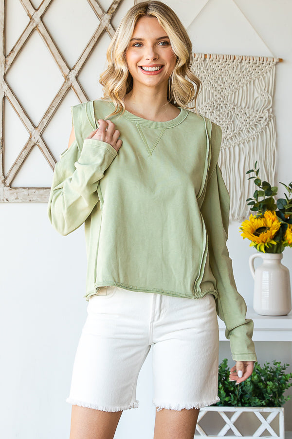 WASHED ROUND NECK COLD SHOULDER CROPPED TEE