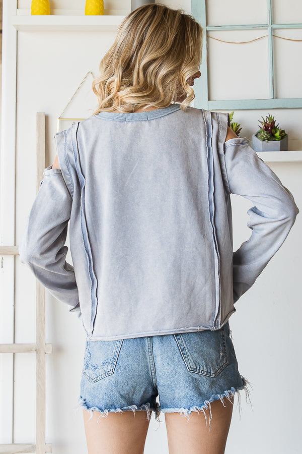 WASHED ROUND NECK COLD SHOULDER CROPPED TEE