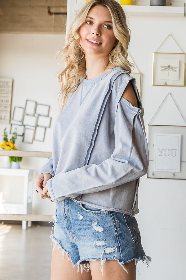 WASHED ROUND NECK COLD SHOULDER CROPPED TEE