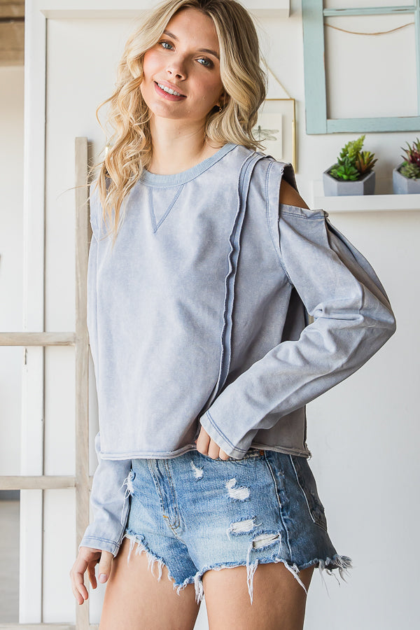 WASHED ROUND NECK COLD SHOULDER CROPPED TEE