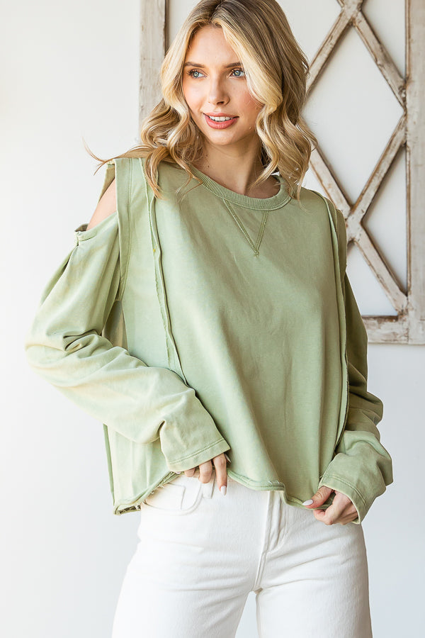WASHED ROUND NECK COLD SHOULDER CROPPED TEE