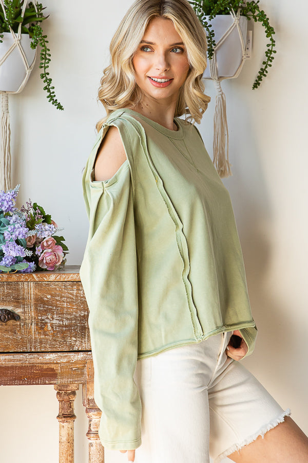 WASHED ROUND NECK COLD SHOULDER CROPPED TEE