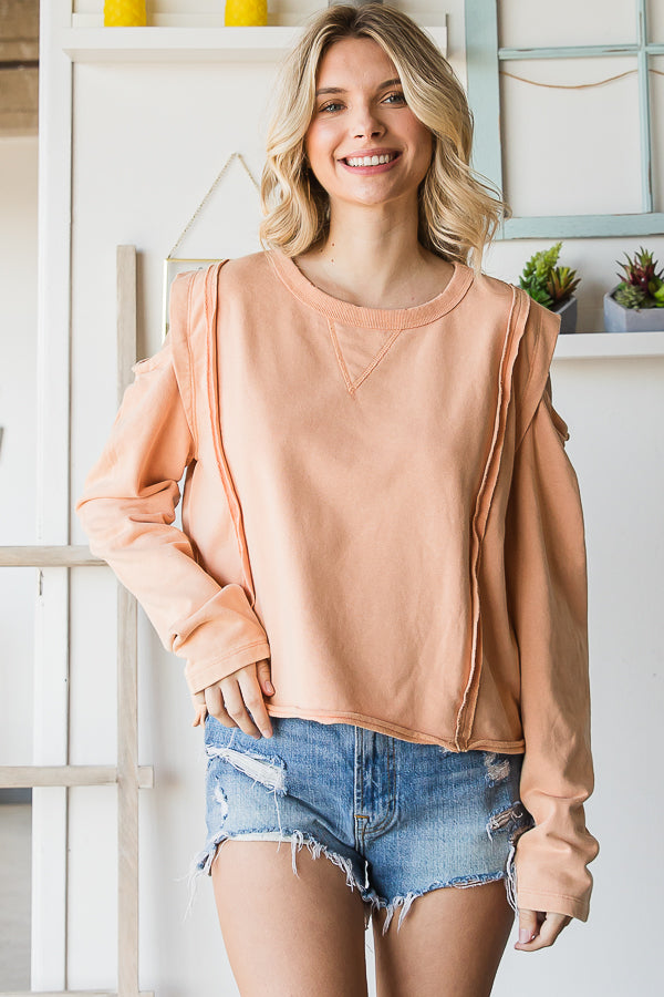 WASHED ROUND NECK COLD SHOULDER CROPPED TEE