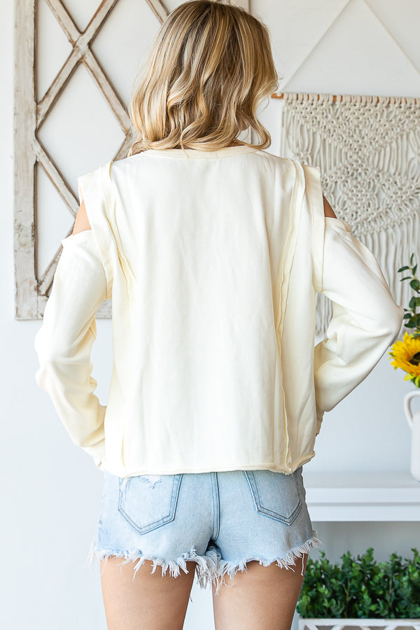 WASHED ROUND NECK COLD SHOULDER CROPPED TEE